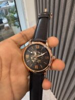 Fossil black dial copper out line black leather strap - Image 2