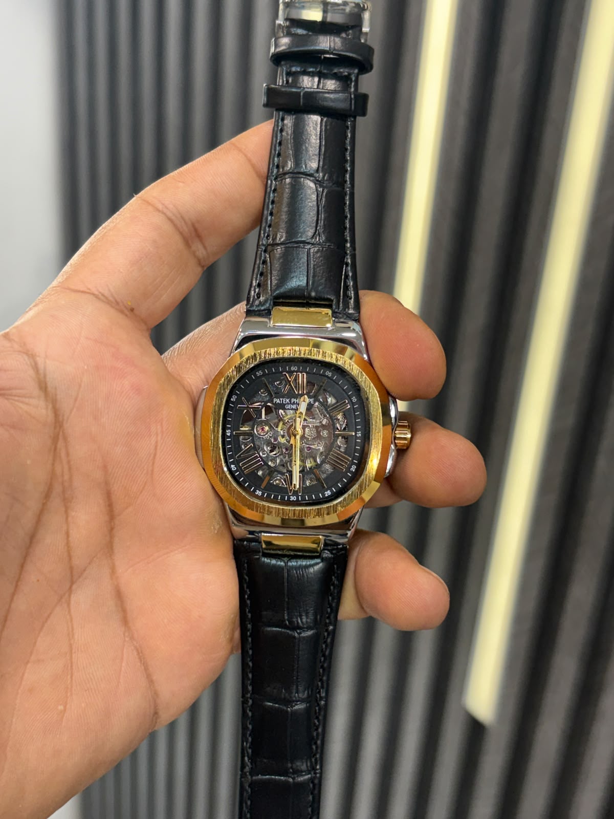 23655d13-4d58-4c4c-be7a-f700184d64f7 patek golden dial black leather strap - Image 1