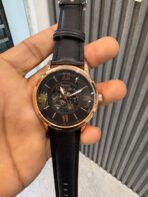 Fossil black dial copper out line black leather strap