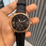 Fossil black dial copper out line black leather strap