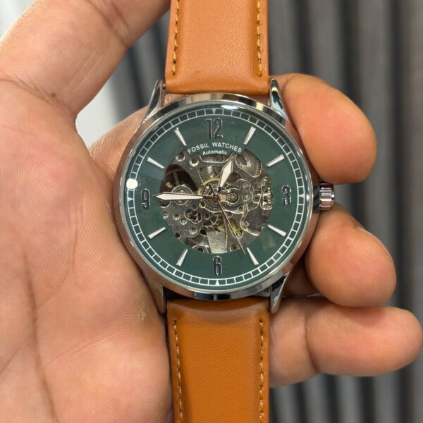fossil green dial tan leather strap automatic
