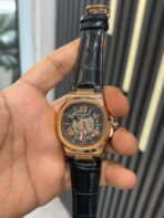 patek rose gold dial black leather strap