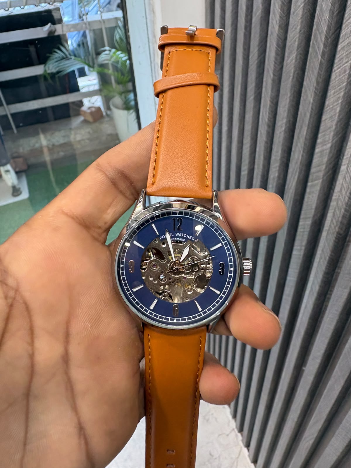 cdc02dc7-c062-4dc7-80de-632f265d5ff1 fossil blue dial tan leather strap automatic - Image 1