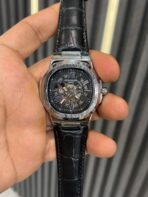 patek silver dial  black leather strap