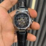 patek silver dial  black leather strap